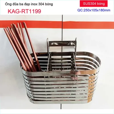 Ống đựng đũa Inox 304, ống đũa nhà bếp 3 ngăn, ống đũa cao cấp nam dẹt KAG-304RT1199