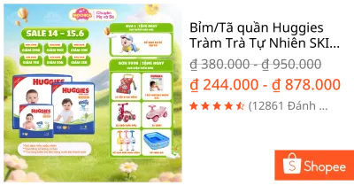 Bỉm/Tã quần Huggies Tràm Trà Tự Nhiên SKINCARE Pants Mega Jumbo M106/L104/XL88/XXL80- Mochica