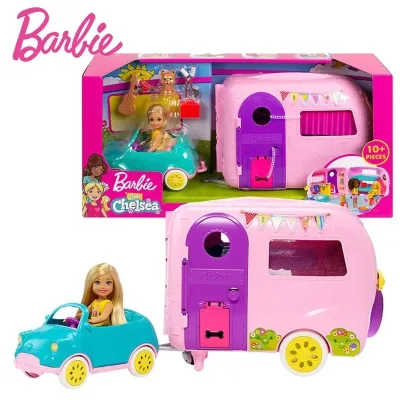 Gốc Mini Barbie Câu lạc bộ Chelsea Toy Car Camper Playset Phụ kiện con chó 10cm Búp bê thu nhỏ Hình chất lượng cao của trẻ em