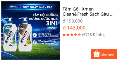 Tắm Gội Xmen Clean&Fresh Sạch Gàu Sạch Sâu 610g Thành Phần Thiên Nhiên Chiết Xuất Bạc Hà Mát Lạnh