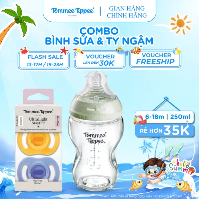 Combo Tommee Tippee Ultra Light Silicone Pacifier 6-18m & Tommee Tippee Super Soft Glass Milk Bottle 250ml
