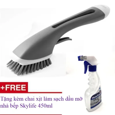 Bàn chải vệ sinh tay xịt dung dịch Nhật Bản Tặng kèm chai xịt vệ sinh dầu mỡ và diệt khuẩn nhà bếp Skylife 450ml