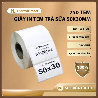 Giấy in tem trà sữa 50x30mm cuộn 800 tem, tem dán cốc, in nhiệt không cần mực, bám dính tốt, sắc nét
