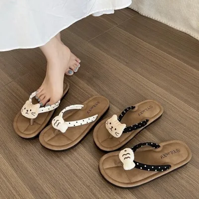Dép Tông Nữ Xỏ Ngón Sticker Mèo Cá Chấm Bi Đế Phẳng Mềm Êm Chân Đi Biển