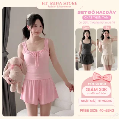 Set Đồ Bộ Nữ Thun Tăm Có Mút Ngực Cao Cấp Co Giãn 4 Chiều Thắt Nơ Trước Ngực, Bộ Đồ Ngủ Nữ