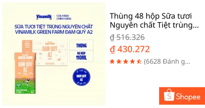Thùng 48 hộp Sữa tươi Nguyên chất Tiệt trùng Vinamilk Green Farm A2 Không Đường 110ml