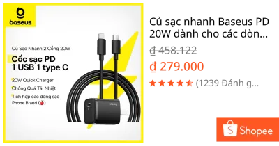 Củ sạc nhanh Baseus PD 20W dành cho các dòng Iphone 12/13/14