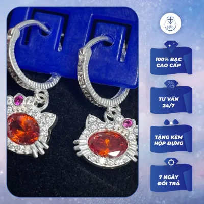 Bông Tai Cho Bé Gái Bạc 925 Mèo Hello Kitty Đính Đá, Khuyên Tai Nữ Trẻ Em Bạc Kèm Hộp Đựng - Trang Sức Cao Cấp Hvj