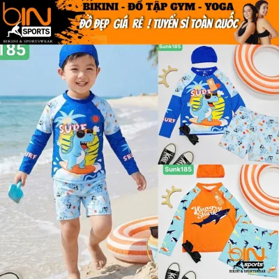 2-Piece Swimsuit for Boys, Long-Sleeved Belly-Covering Shirt, Shorts with Lovely Patterns, All Sizes from 14kg to 34kg Binsports Bb151