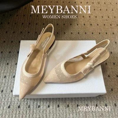 Giày Sandal Mũi Nhọn MEYBANNI Ren Chấm Bi Thắt Nơ Cạnh Xinh Xăn - B76