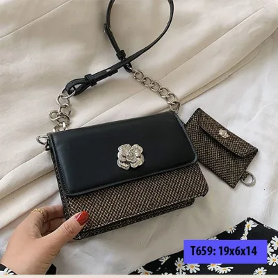 Túi xách tay đeo chéo nữ da trơn viền sọc kèm ví nhỏ sang trọng phong cách hàn quốc T659