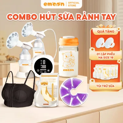 Combo Máy Hút Sữa Rảnh Tay Emoon + Bình Thủy Tinh + Áo hút sữa tiện lợi cho mẹ sau sinh