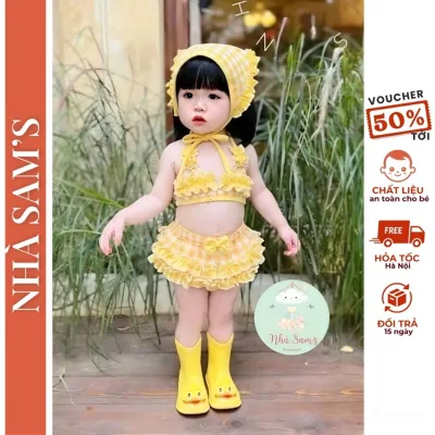 Bikini bé gái họa tiết sọc kẻ vàng – Set đồ bơi cho bé đi biển, đi chơi siêu xinh, dễ thương, đồ bơi bé gái