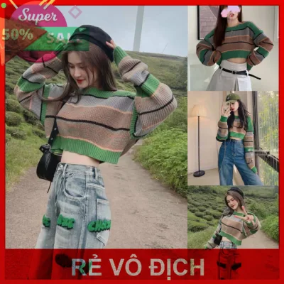 Áo len nữ Montoghi dệt kim cổ tròn TAY DÀI dáng CROPTOP kẻ sọc xanh loại 1 phong cách Hàn Quốc cá tính