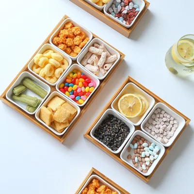 Khay gỗ đựng đồ ăn vặt khay sứ chia ngăn tiện dụng cao cấp dùng decor bàn ăn, set khay snack sang trọng GIBA