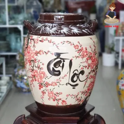 Hũ sành sứ đựng gạo, Chum ngâm rươ.u chứa thực phẩm khô tráng men có quai vẽ hoa đào Nàng Gốm Bát Tràng