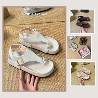 Sandal Nữ Quai Xỏ Ngón Quai Kẹp Đính Cườm Da Lộn Đế Cao || Mã N69