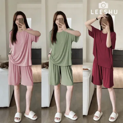 Bộ thun lạnh mặc nhà áo ngắn tay quần lửng❤LEESHU❤bộ áo cộc tay quần ngố mặc nhà mùa hè chất liệu cotton lụa có Bigsize