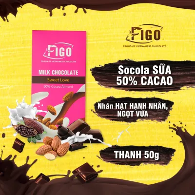 Kẹo socola sữa thỏi 50g nhân Hạt hạnh nhân FIGO, FIFOOD STORE, đồ ăn vặt văn phòng nội địa siêu ngon
