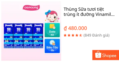 Thùng Sữa tươi tiệt trùng ít đường Vinamilk 180ml (Lốc 4 hộp)