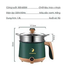 Nồi điện mini 2 tầng đa năng LISHIDAI tặng kèm khay hấp - Nồi lẩu chống dính 1,8 lít cho 1-2 người ăn (LIS03)