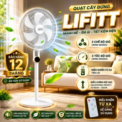 Quạt cây đứng LIFITT chính hãng, quạt 7 cánh tùy chỉnh cao thấp dễ dàng, điều khiển từ xa tiện lợi