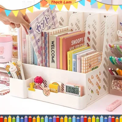 Tặng 2 bộ Sticker Khay kệ đựng Եài liệu văn phòng A4 4 ngăn xinh xắn, Giá kệ đựng sách vở để bàn decor bàn học