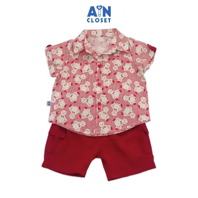 Bộ quần áo ngắn bé trai họa tiết Sơ mi Gấu kẻ đỏ cotton - AICDBTN5MU0U - AIN Closet