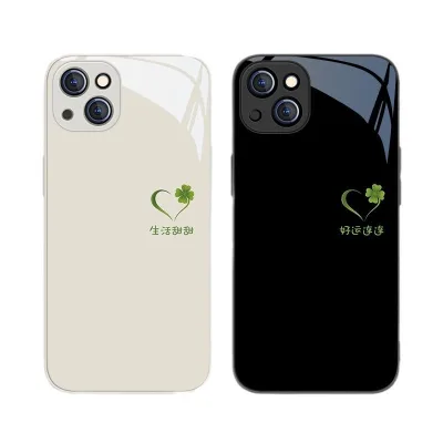 Hàng sẵn có Cỏ ba lá mang theo Vỏ điện thoại liên tục Vỏ IPhone Vỏ điện thoại thủy tinh sang trọng Thích hợp cho IPhone 14 Promax 14 13 12 11 Promax XS XR 15 Promax Vỏ điện thoại chống rơi