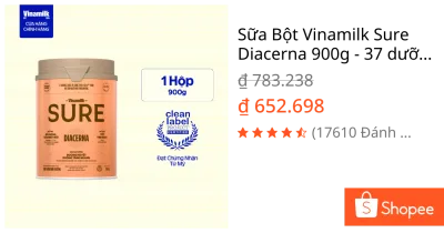 Sữa Bột Vinamilk Sure Diacerna 900g - 37 dưỡng chất với công thức có chỉ số đường huyết thấp