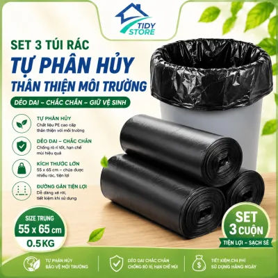 Set 3 túi đựng rác tự phân hủy, cuộn túi rác an toàn, giúp giữ vệ sinh môi trường, size trung trọng lượng 0.5kg