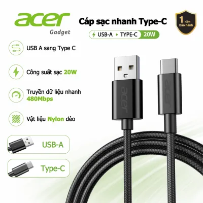 Acer Dây cáp sạc nhanh Type C 20W USB-A to USB-C Truyền dữ liệu 480Mbps Bộ Dây bện Nylon Tương thích với máy tính xách tay và cáp sạc xe chơi game bền UC0018