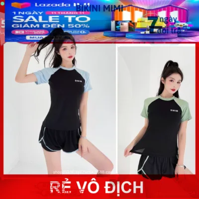 Bikini đồ bơi nữ gym thể thao kín đáo Đùi 2023 ngắn Tay đi biển Hàn Quốc 2 mảnh bigsize du lịch Đẹp Co Giãn tập thể dục