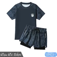 Bộ đồ bơi nam ngắn tay + quần boxer 2 lớp, họa tiết mạnh mẽ, set quần áo đi biển, đi bơi cho nam giới, chất thun bơi dày dặn mịn mát đẹp | BN031