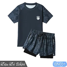 Bộ đồ bơi nam ngắn tay + quần boxer 2 lớp, họa tiết mạnh mẽ, set quần áo đi biển, đi bơi cho nam giới, chất thun bơi dày dặn mịn mát đẹp | BN031