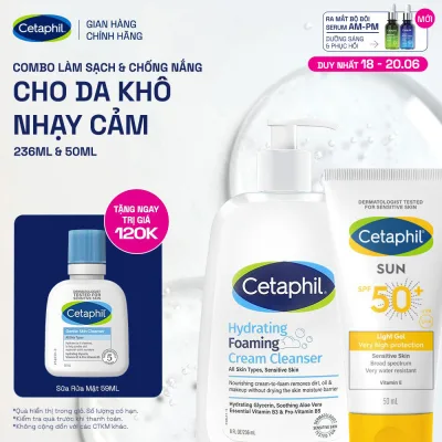Cleanse & Sunscreen Combo for Dry Skin - Cetaphil Hydrating Foaming Facial Cleanser 236ml + Sunscreen Gel Spf 50+ 50ml