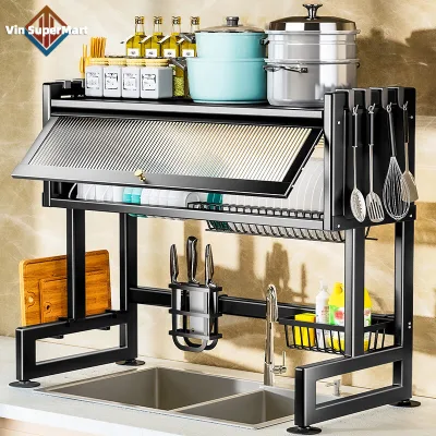 Kệ Tủ Nhà Bếp Có Nắp Đậy Đa Năng Trên Bồn Rửa Thép Carbon,Đen Chống Bụi ,Ổn định,Không dễ bị rỉ