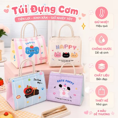 Túi Đựng Cơm Giữ Nhiệt Canvas Dễ Thương Có Quai Xách, Túi Đựng Cơm Văn Phòng, Đi Học, Picnic