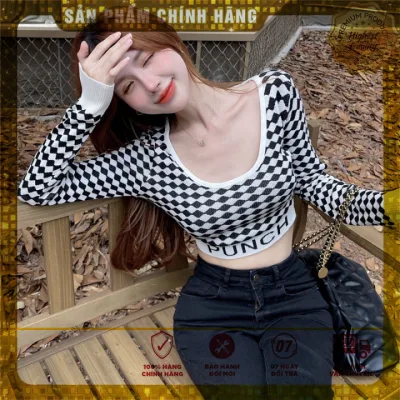 Hàng Sẵn_ Áo len top mỏng ngắn dài tay sọc kẻ Hadu shop