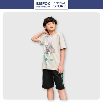 Bigfox Miss Meow Boys' Clothes, Large Size, Korean-Style Summer Clothes for Boys with Game Time Print, Size 12-15 Years Old, 40kg 50kg
