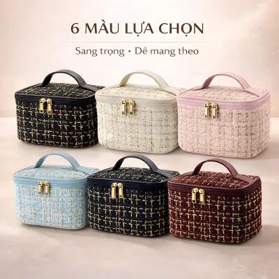 Túi đựng đồ trang điểm vải tweed sức chứa lớn phong cách Hepburn dành cho nữ- stylish & roomy