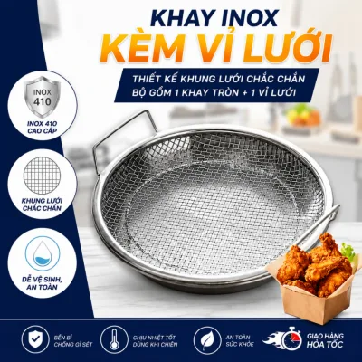 Khay Inox Kèm Vỉ Lưới Cao Cấp - Khay Ráo Dầu, Lọc Dầu Chiên Rán, Hấp Thực Phẩm, Chống Gỉ Sét, Dễ Vệ Sinh