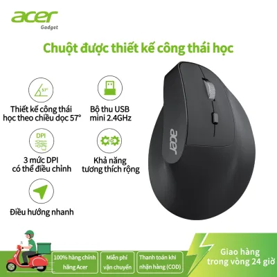 Chuột không dây tiện dụng Acer, Chuột dọc có thể điều chỉnh DPI 1000 / 1200 / 1600 với 6 nút, Chuột Ergonomic có thể sạc lại với đầu thu USB 2.4GHz cho máy tính, máy tính xách tay, máy tính, máy tính iMac
