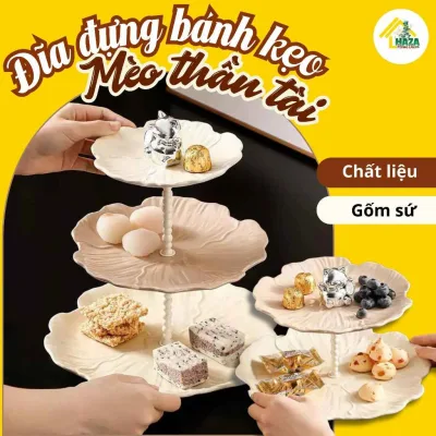 Khay Đựng Bánh kẹo trái cây Đồ Ăn Vặt Cao Cấp Phòng Khách, Đĩa gốm sứ mèo thần tài