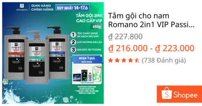 Tắm gội cho nam Romano 2in1 VIP Passion / Vision / Impress 650g + Tặng kèm Sữa rửa mặt 100g
