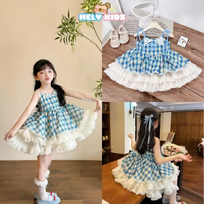 Váy Công Chúa 2 Dây Kẻ Caro Xanh 3 Tầng Xòe Bồng Cho Bé Gái 10-30kg Mặc Đi Chơi Đi Biển VD1 - Mely Kids