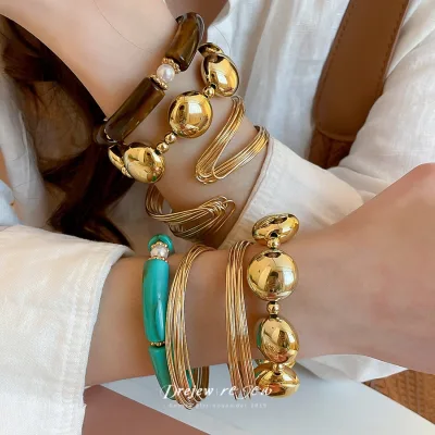 DREZEW 3 Vòng Tay Hạt & Dây Nữ Màu Vàng Tối Giản Thiết Kế Đậm Thời Trang Hàng Ngày Hợp Thời Trang Phụ Kiện Trang Sức