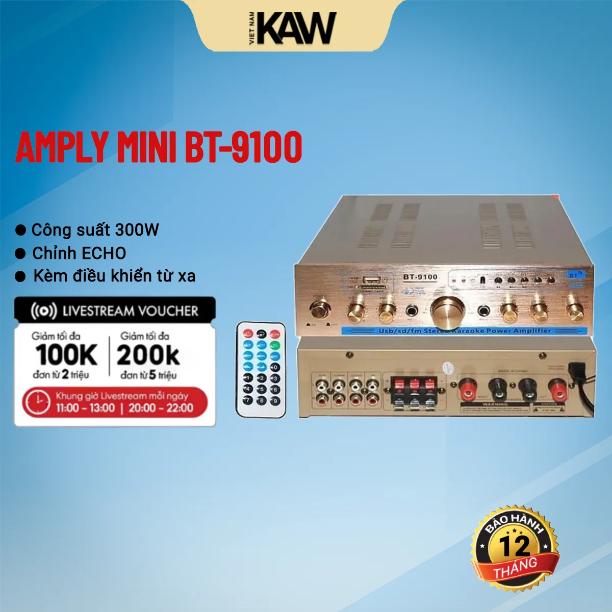 Amply karaoke Bluetooth chính hãng BT-9100, bộ khếch đại âm thanh cho dàn karaoke, Nghe Nhạc gia đình
