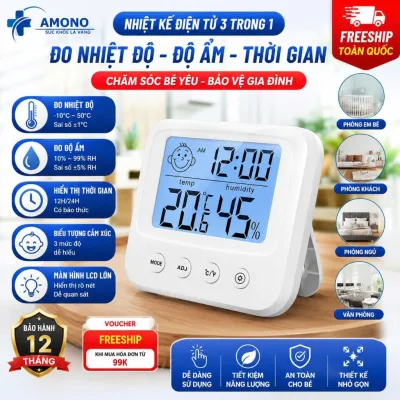 FREESHIP Nhiệt kế điện tử 3 trong 1: Đo độ ẩm và nhiệt độ phòng an toàn cho bé, thiết bị tiện dụng cho gia đình. Tiện Lợ