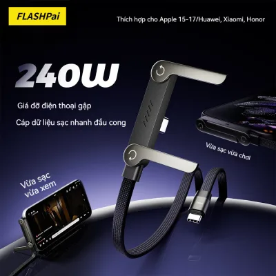 Dây cáp sạc nhanh 240W phiên bản mới 2026 kèm giá đỡ gập cho điện thoại, phù hợp với Android, laptop và máy tí